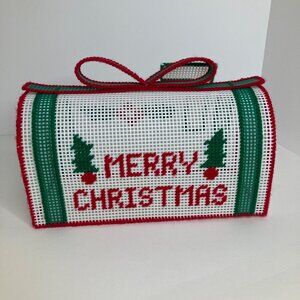 Vintage Plastic Canvas Needlepoint Christmas Mailbox Merry Christmas Holly 10.5"